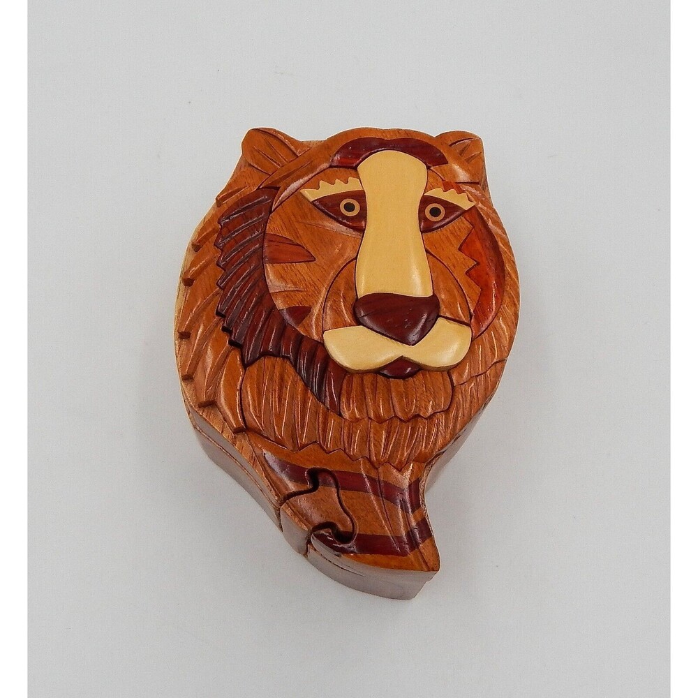 Tiger Carved Wood Puzzle Round Box Wooden Intarsia Keepsake Trinket Hidden